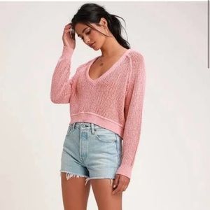 Free People Hot Tropics Boho High Low V Neck Sweater Pink